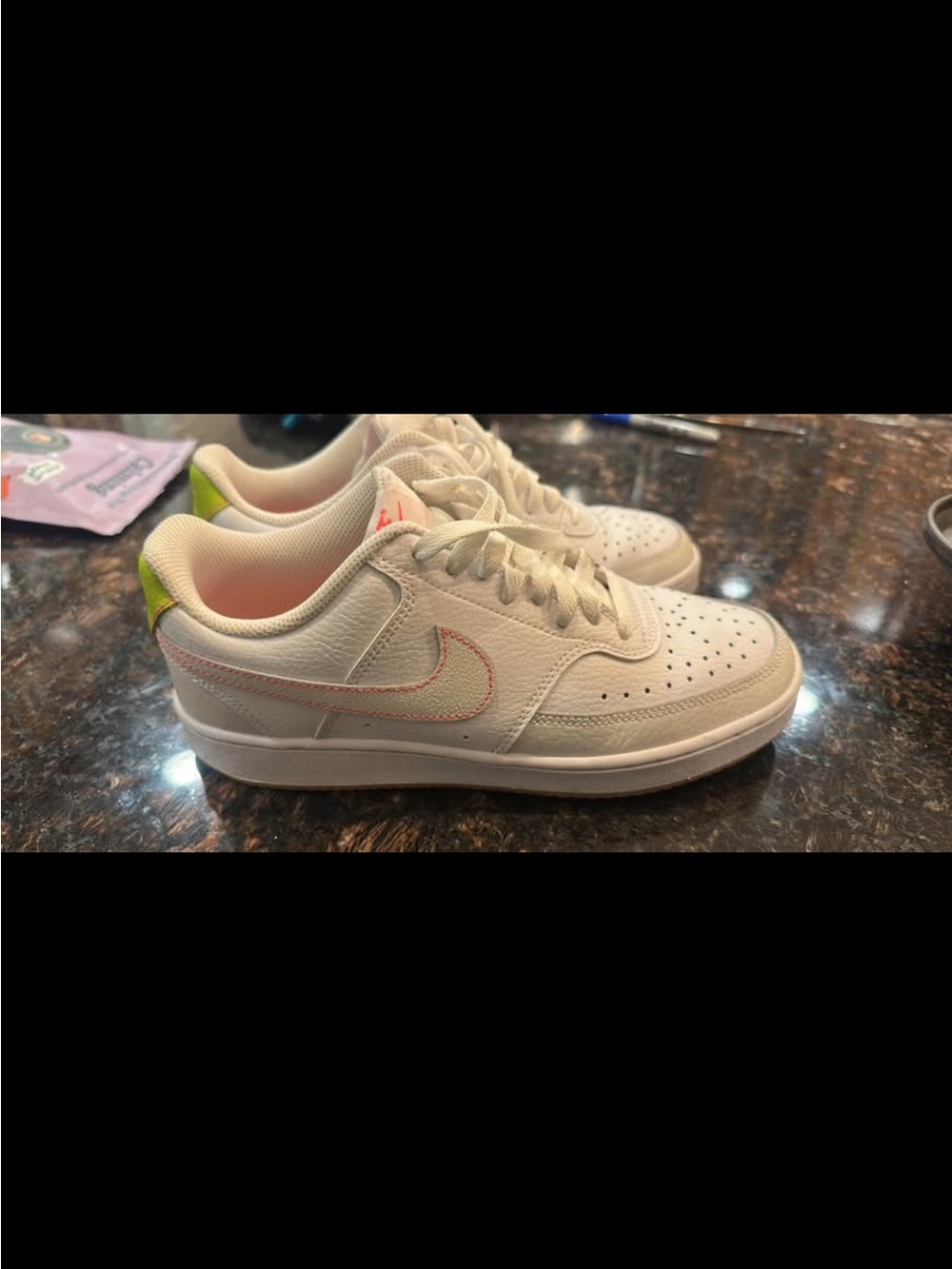 Nike Dunk White Low Top Sneakers with Pink /Green Accents